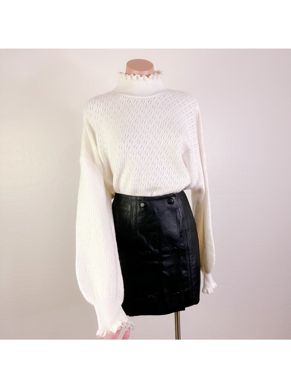 Ted Baker Yolliey Pointelle Ruffle High Neck Wool Sweater White Women 6 16 NWT